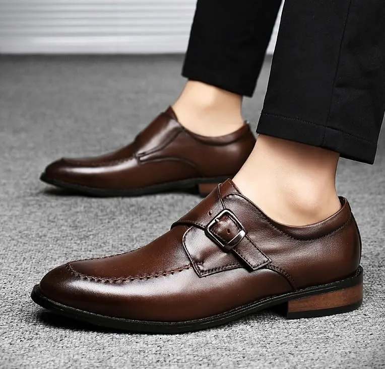 Men's Genuine Leather Monk Buckle Oxford Shoes - Retro Pointed Toe Non-Slip Business Dress Shoes for Formal Occasions