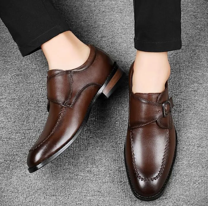 Men's Genuine Leather Monk Buckle Oxford Shoes - Retro Pointed Toe Non-Slip Business Dress Shoes for Formal Occasions