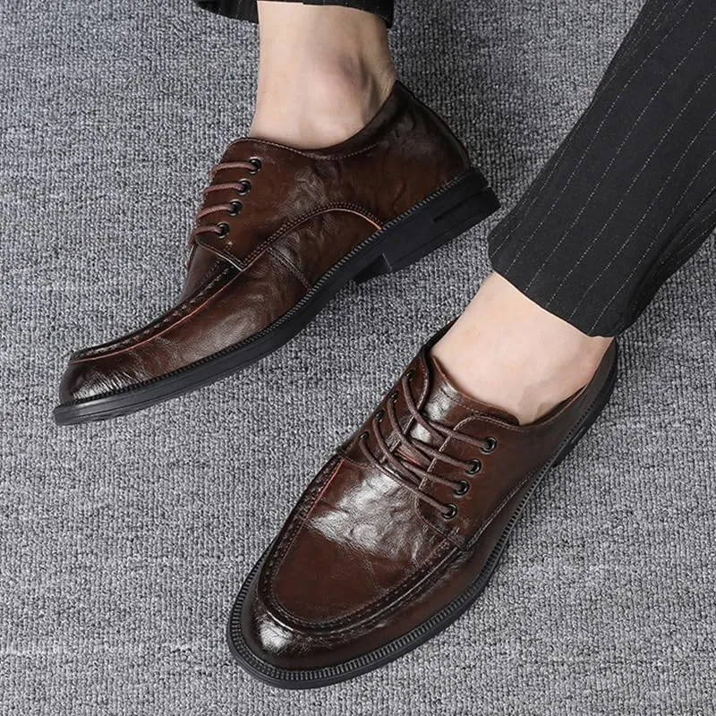 Men's Genuine Leather Oxford Shoes Comfort Pointed Tip Fashion Leather Dress Shoes Business Casual Derby Shoes for Men(Brown,8)