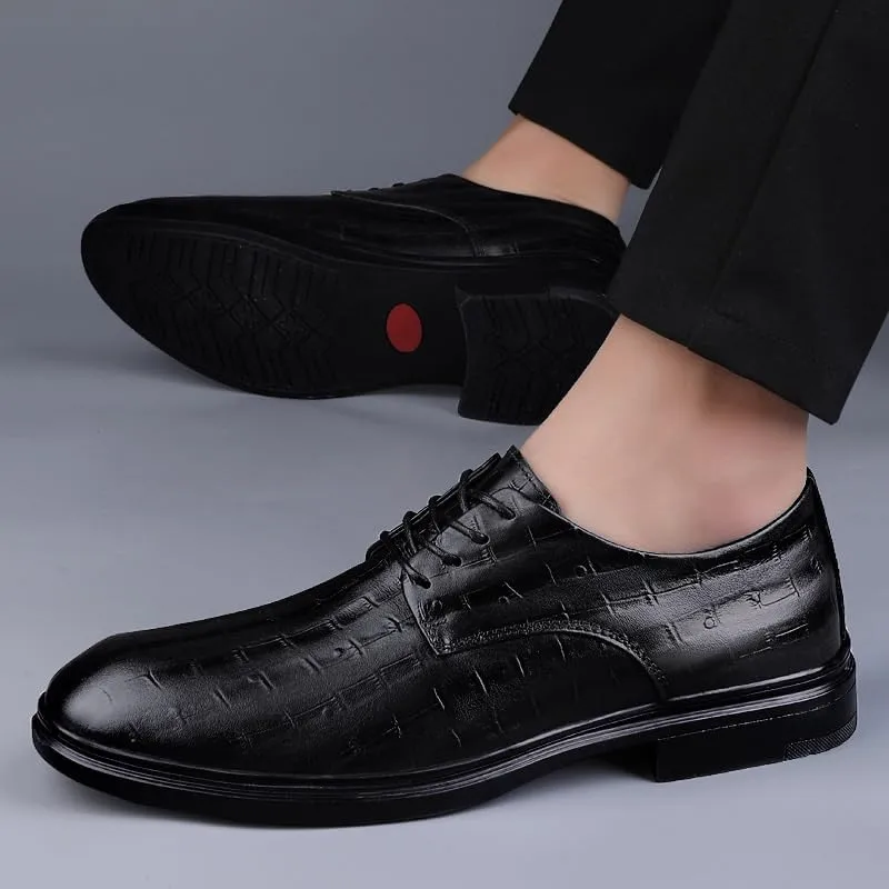 Men's Genuine Leather Oxford Shoes Lace Up Casual Business Slip On Dress Shoes Comfort Business Casual Derby Shoes(Black,7.5)