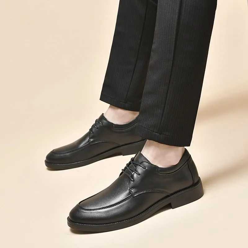 Men's Genuine Leather Oxford Shoes Retro Pointed Chunky Heel Non-Slip Business Derby Shoes for Men