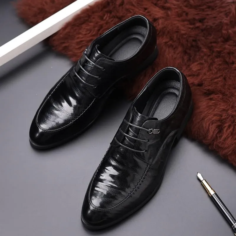 Men's Genuine Leather Oxford Shoes Retro Pointed Chunky Heel Non-Slip Business Dress Shoes Derby Shoe for Men