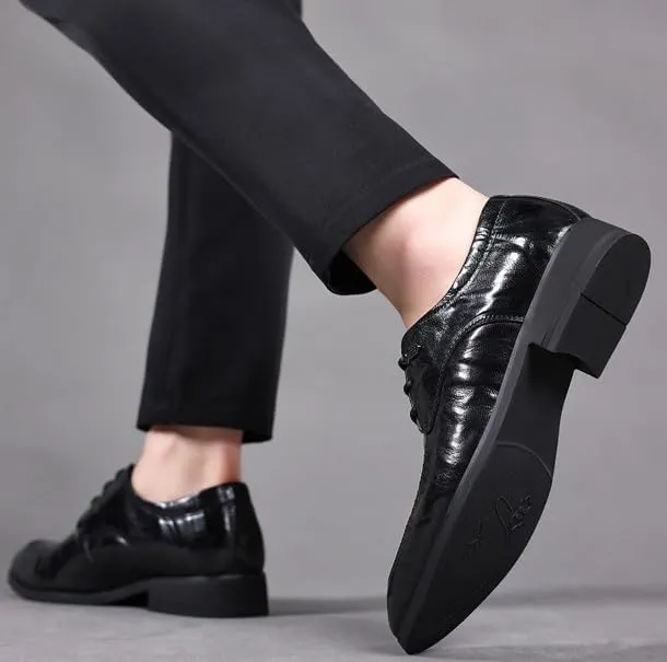 Men's Genuine Leather Oxford Shoes Retro Pointed Chunky Heel Non-Slip Business Dress Shoes Derby Shoe for Men