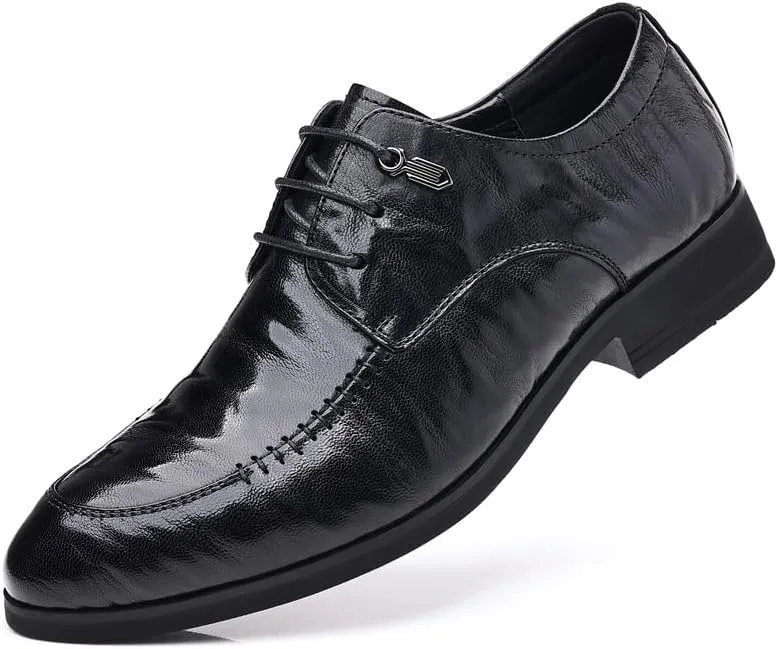 Men's Genuine Leather Oxford Shoes Retro Pointed Chunky Heel Non-Slip Business Dress Shoes Derby Shoe for Men