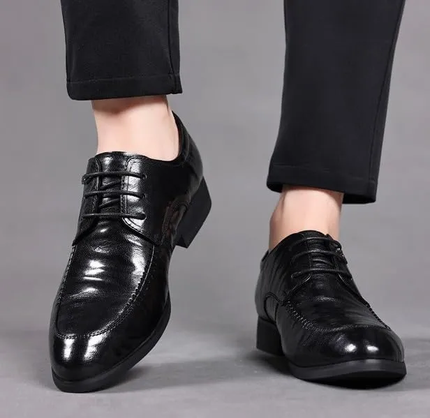 Men's Genuine Leather Oxford Shoes Retro Pointed Chunky Heel Non-Slip Business Dress Shoes Derby Shoe for Men