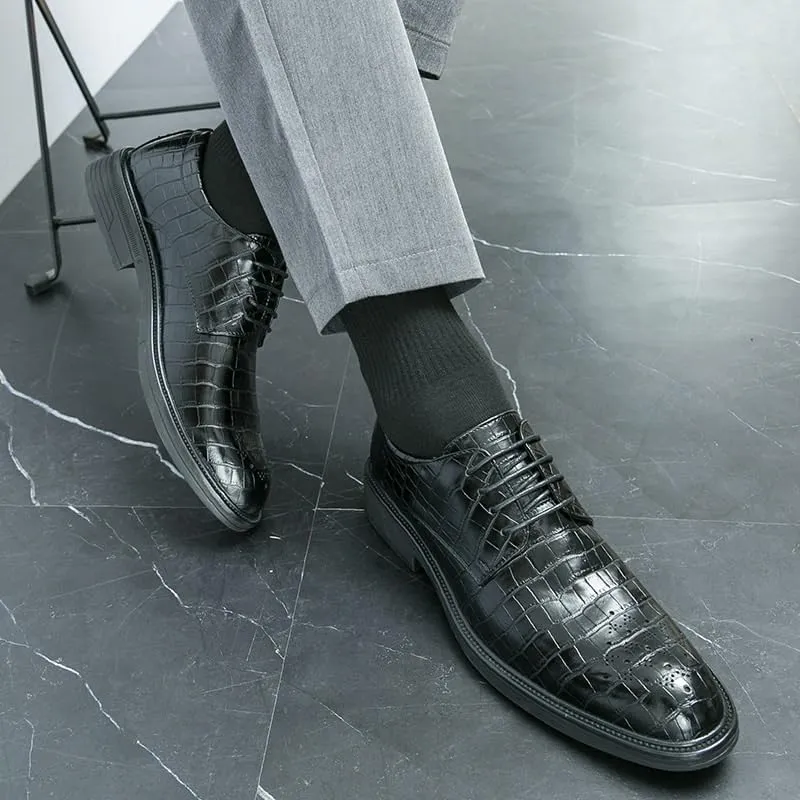 Men's Genuine Leather Oxford Shoes - Retro Pointed Chunky Heel Non-Slip Business Dress Shoes for Men