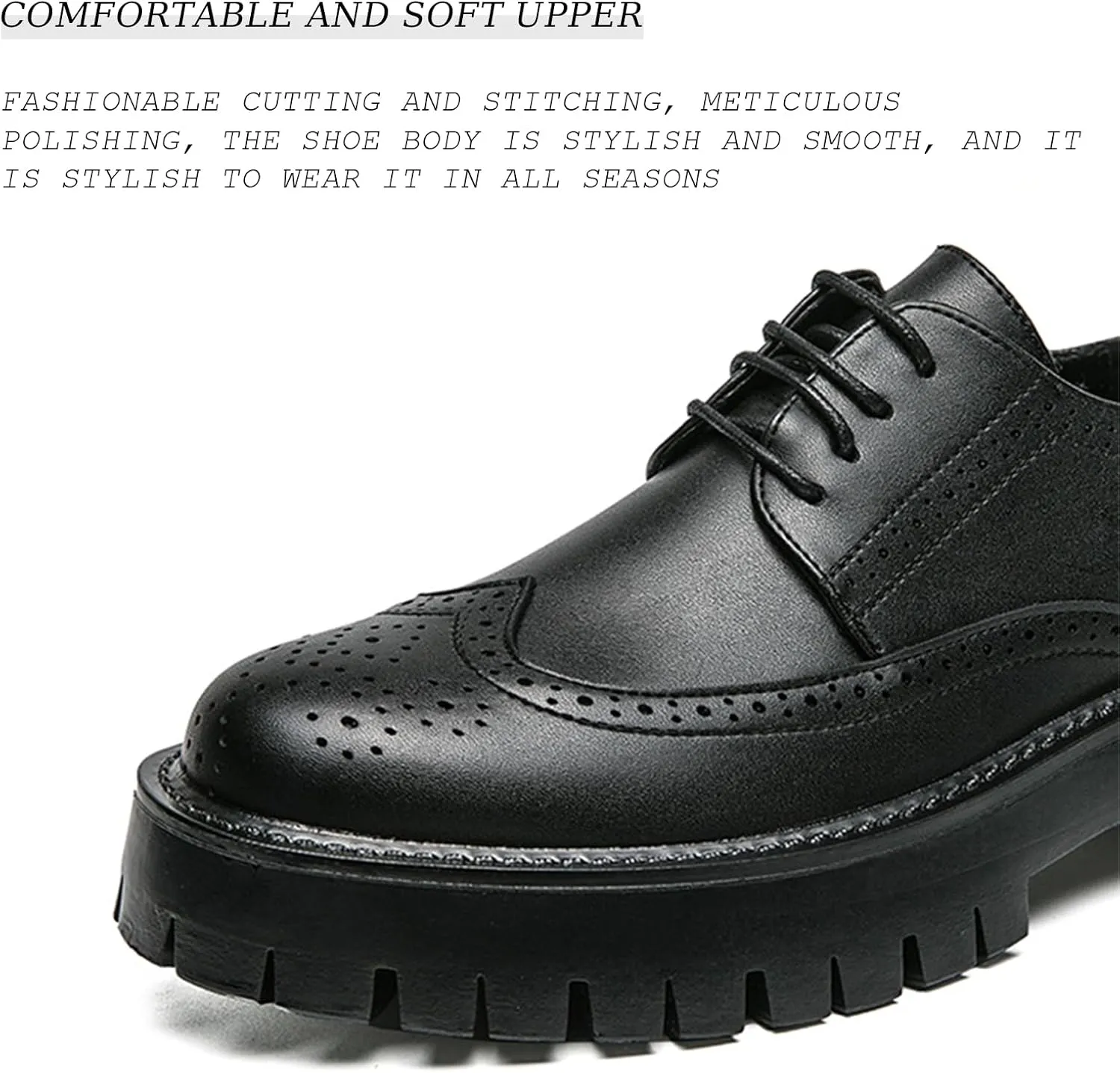 Men's Genuine Leather Platform Oxford Shoes Retro Round Toe Brogue Wingtip Business Fashion Lace-Up Formal Shoes Fashion Casual Buckle Leather Shoes