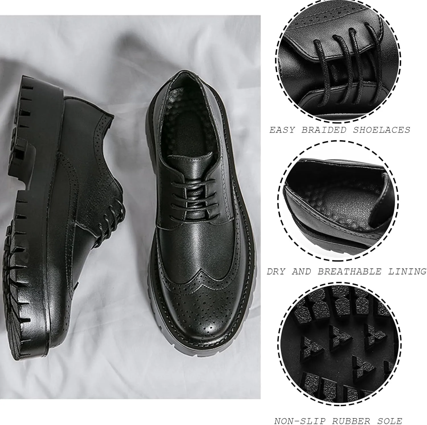 Men's Genuine Leather Platform Oxford Shoes Retro Round Toe Brogue Wingtip Business Fashion Lace-Up Formal Shoes Fashion Casual Buckle Leather Shoes