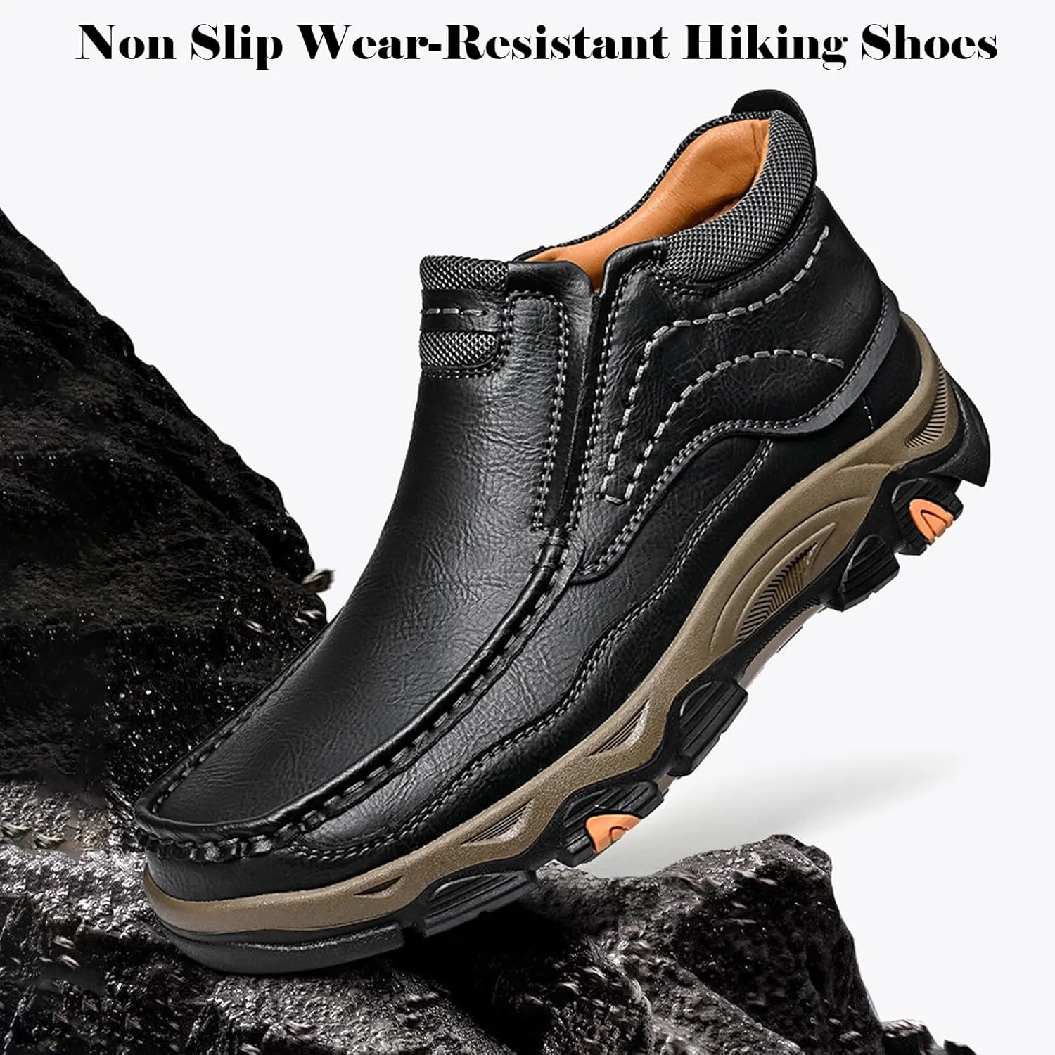 Men's Leather Hiking Shoes, Slip on Loafers Walking Boots, Waterproof Causal Sneakers, Work Walking Slippers, Easy Wear on/Off