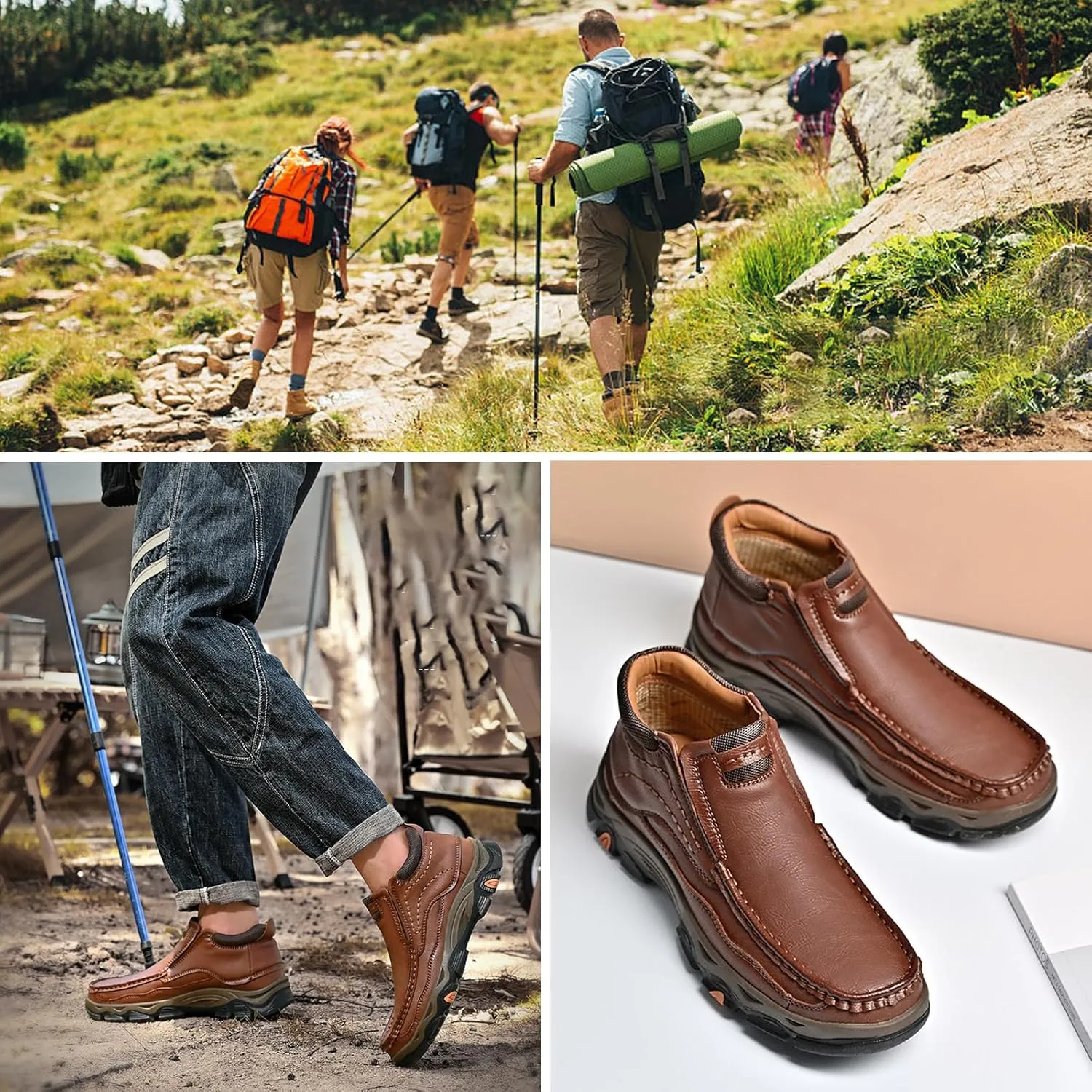 Men's Leather Hiking Shoes, Slip on Loafers Walking Boots, Waterproof Causal Sneakers, Work Walking Slippers, Easy Wear on/Off