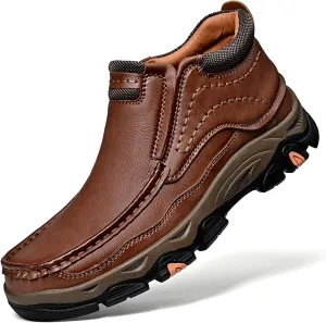 Men's Leather Hiking Shoes, Slip on Loafers Walking Boots, Waterproof Causal Sneakers, Work Walking Slippers, Easy Wear on/Off