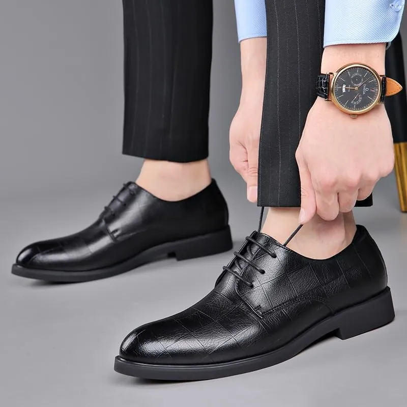 Men's Leather Oxford Shoes Men Pointed Toe Low Top Block Wedding Business Formal Derby Shoes