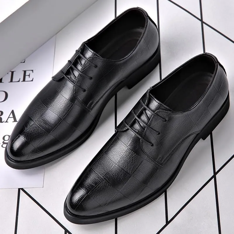 Men's Leather Oxford Shoes Men Pointed Toe Low Top Block Wedding Business Formal Derby Shoes