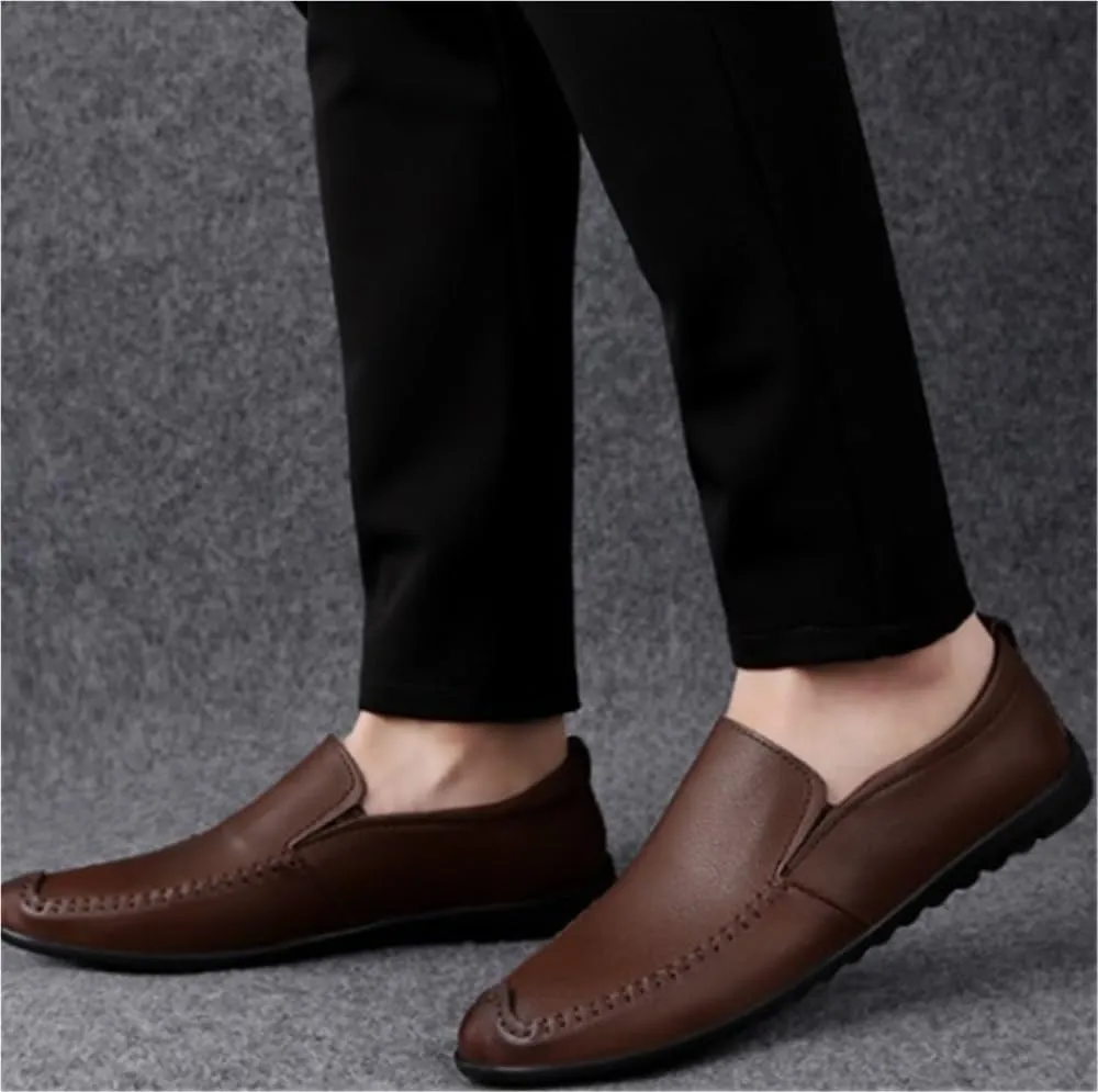 Mens Loafers Shoe Genuine Leather Stitching Details Round Toe Comfortable Lightweight Resistant Prom Slip On