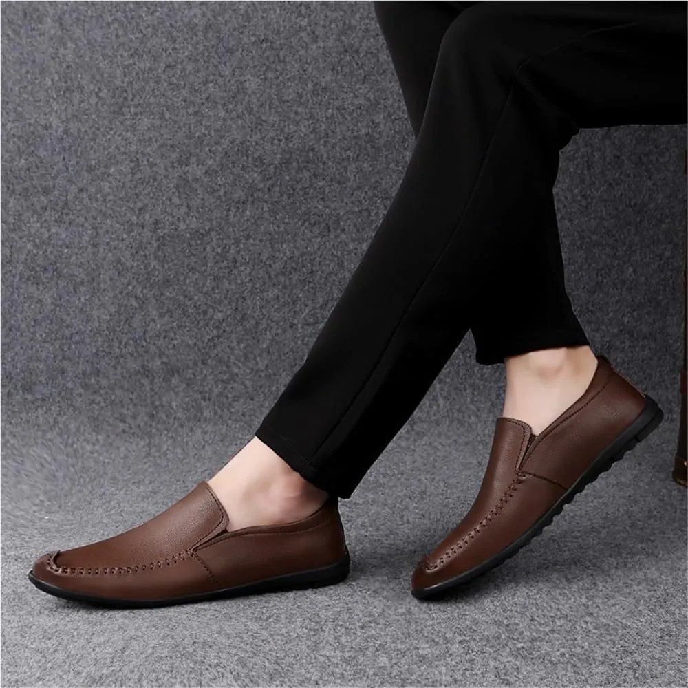Mens Loafers Shoe Genuine Leather Stitching Details Round Toe Comfortable Lightweight Resistant Prom Slip On