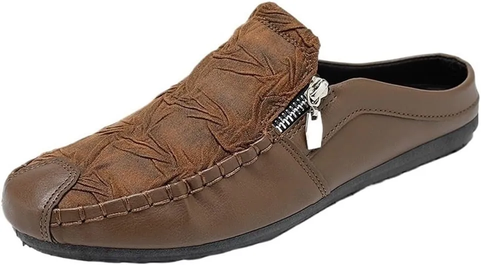 Mens Loafers Shoe Solid Color Stitching Details with Zipper Slippers Anti-Slip Lightweight Flat Heel Party Slip-on
