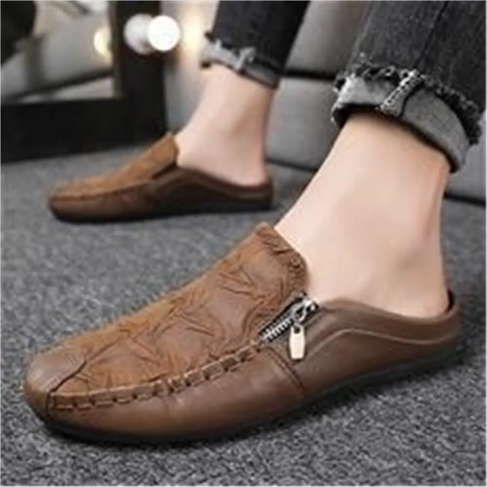 Mens Loafers Shoe Solid Color Stitching Details with Zipper Slippers Anti-Slip Lightweight Flat Heel Party Slip-on