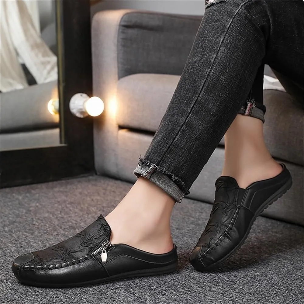 Mens Loafers Shoe Solid Color Stitching Details with Zipper Slippers Anti-Slip Lightweight Flat Heel Party Slip-on
