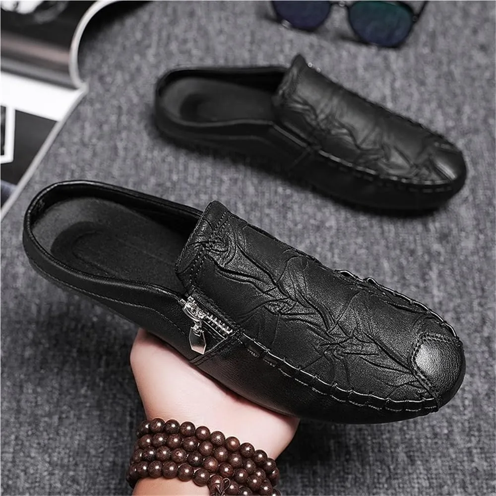 Mens Loafers Shoe Solid Color Stitching Details with Zipper Slippers Anti-Slip Lightweight Flat Heel Party Slip-on