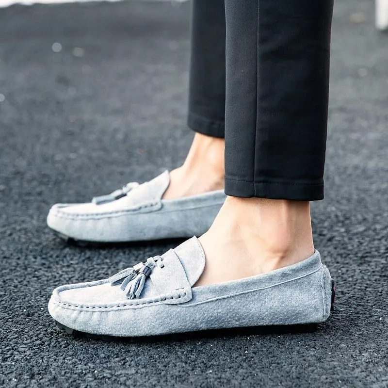 Men's Loafers Shoes Round Toe Solid Color with Tassel Suede Vamp Driving Loafers Comfortable Flexible Anti-Slip Wedding Party Slip On(Gray,8)