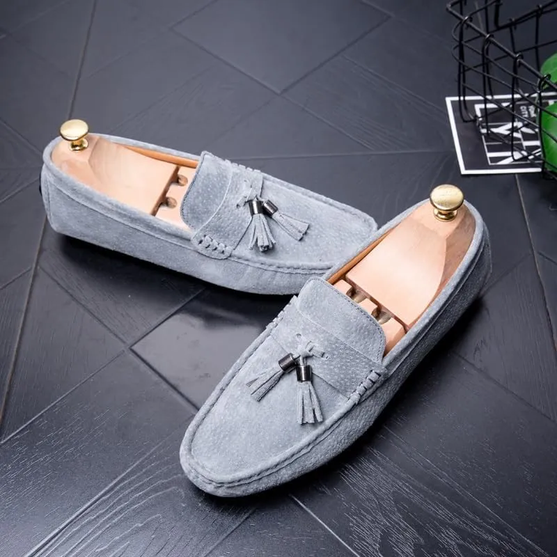 Men's Loafers Shoes Round Toe Solid Color with Tassel Suede Vamp Driving Loafers Comfortable Flexible Anti-Slip Wedding Party Slip On(Gray,8)