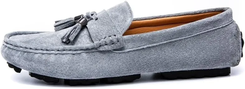 Men's Loafers Shoes Round Toe Solid Color with Tassel Suede Vamp Driving Loafers Comfortable Flexible Anti-Slip Wedding Party Slip On(Gray,8)