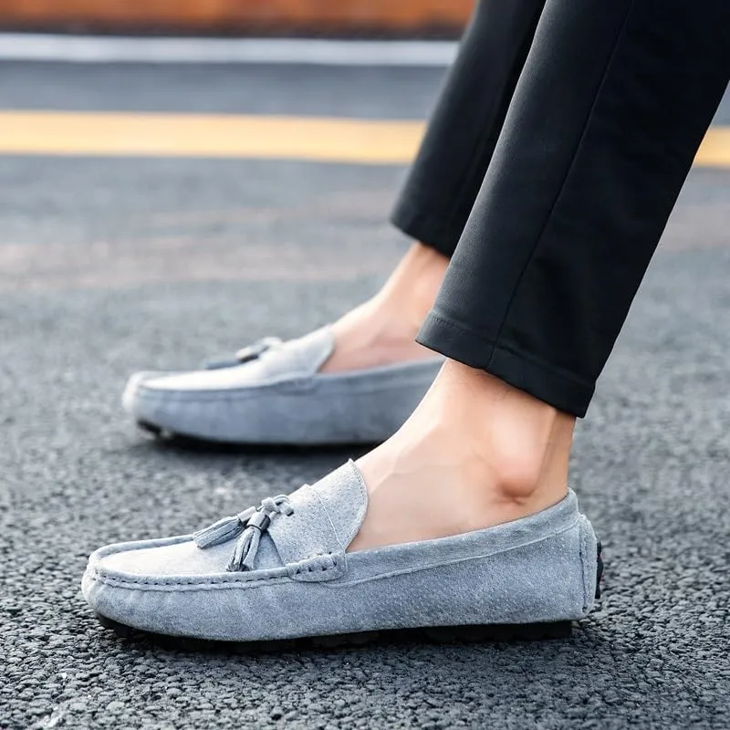 Men's Loafers Shoes Round Toe Solid Color with Tassel Suede Vamp Driving Loafers Comfortable Flexible Anti-Slip Wedding Party Slip On(Gray,8)