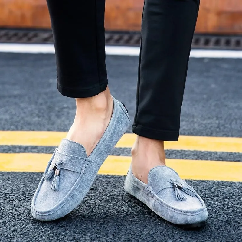 Men's Loafers Shoes Round Toe Solid Color with Tassel Suede Vamp Driving Loafers Comfortable Flexible Anti-Slip Wedding Party Slip On(Gray,8)