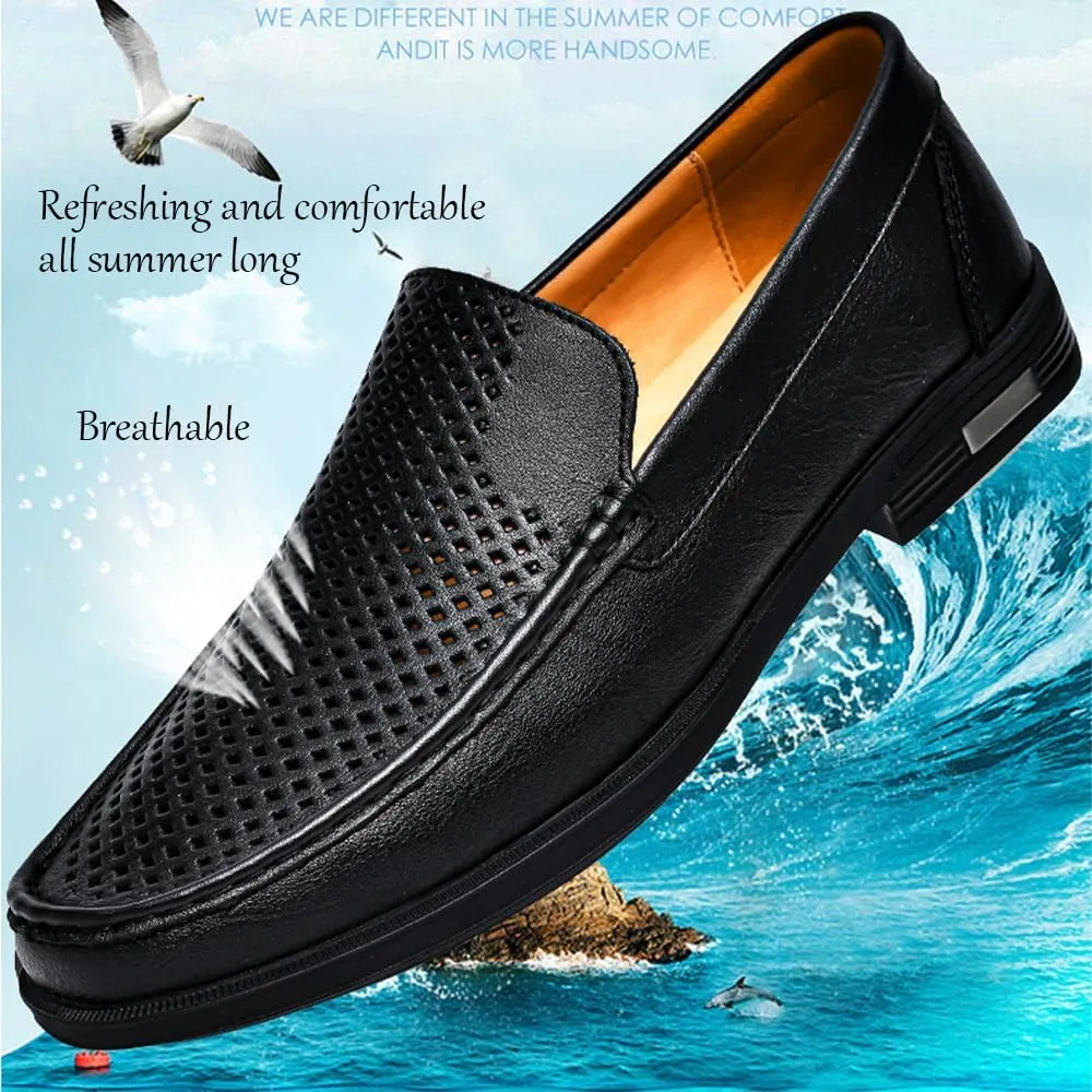 Men's Loafers Slip-On Dress Shoes  Men's Genuine Leather Business Casual Shoes,Hollow and Breathable Comfortable,Suitable for Work,Office Or Daily Wear