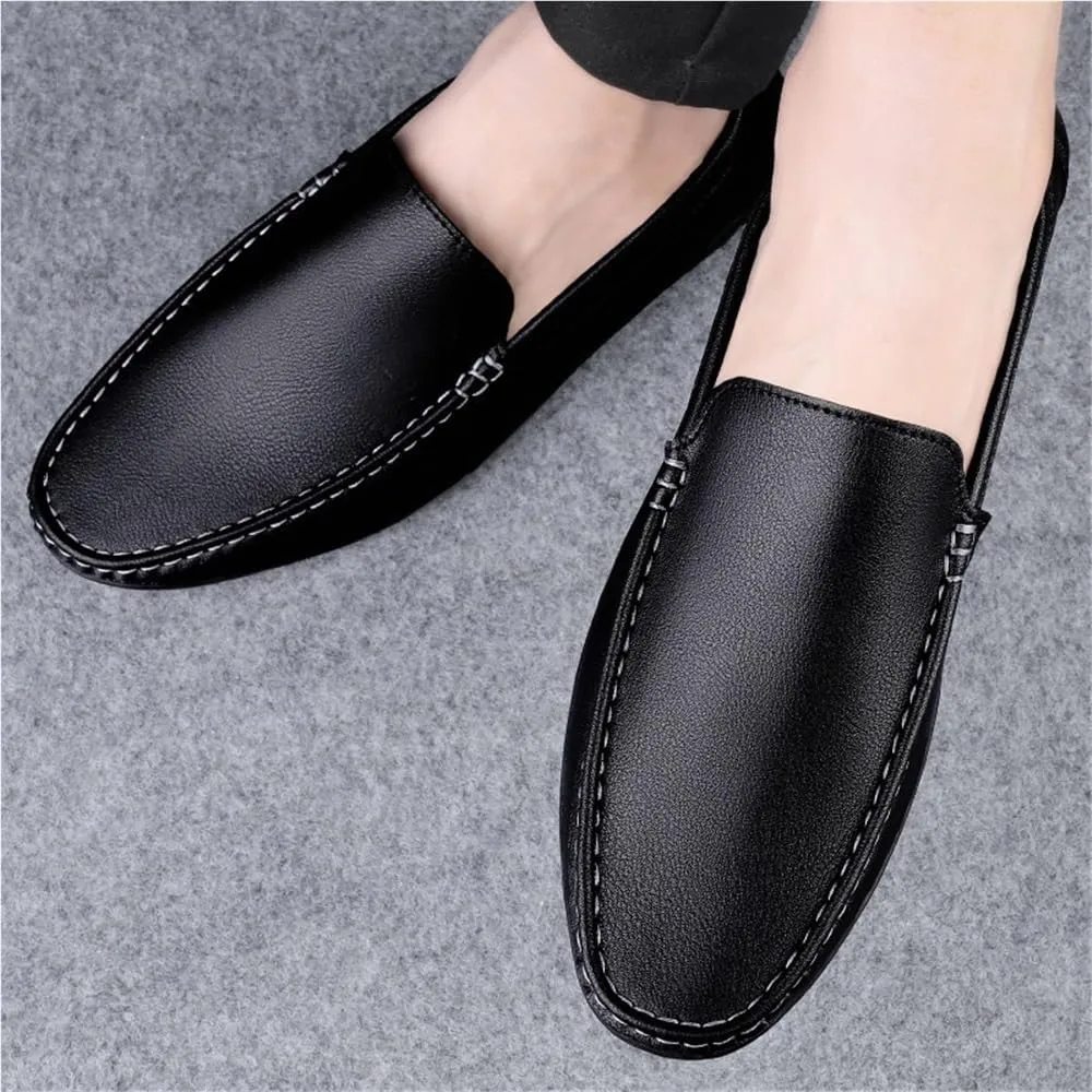 Mens Loafers Slip On Faux Leather Round Toe Solid Color Lightweight Comfortable Flat Heel Outdoor Wedding Casual Shoes