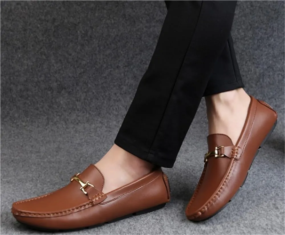 Mens Loafers Slip On Leather Round Toe Lightweight Flat Heel Resistant Comfortable Casual Fashion Simple Design Shoes