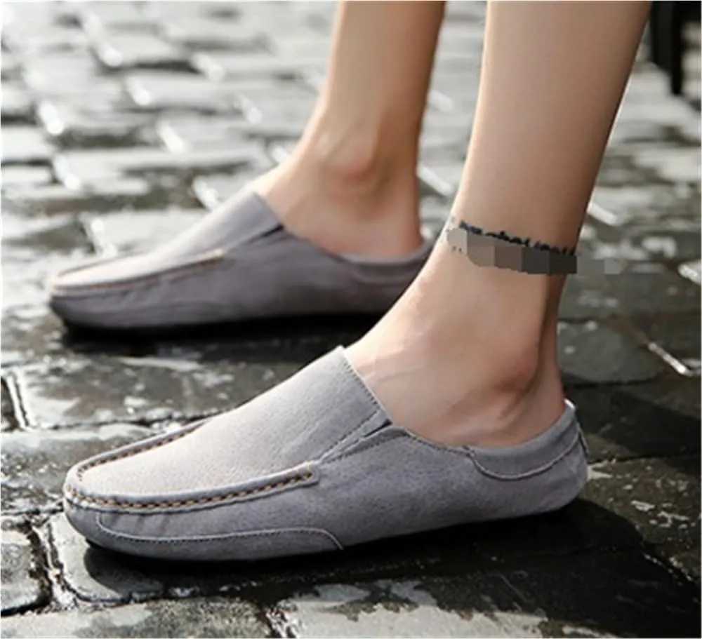Mens Loafers Slip On Suede Round Toe Comfortable Flat Heel Resistant Classic Casual Half Loafers Shoes with Stitching Details