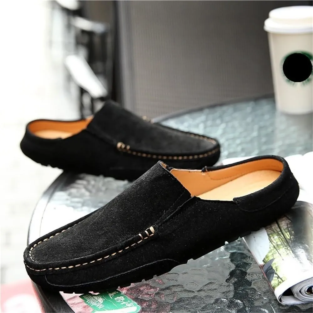 Mens Loafers Slip On Suede Round Toe Comfortable Flat Heel Resistant Classic Casual Half Loafers Shoes with Stitching Details