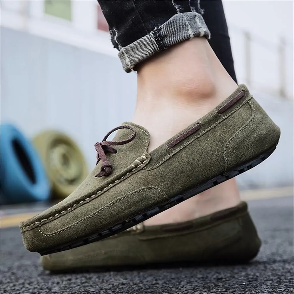 Mens Loafers Slip On Suede Round Toe Lightweight Flat Heel Wedding Driving Shoes Flexible Comfortable Deck with Stitching Details