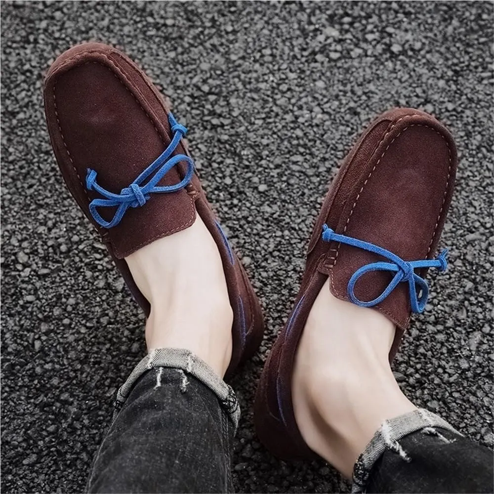 Mens Loafers Slip On Suede Round Toe Lightweight Flat Heel Wedding Driving Shoes Flexible Comfortable Deck with Stitching Details