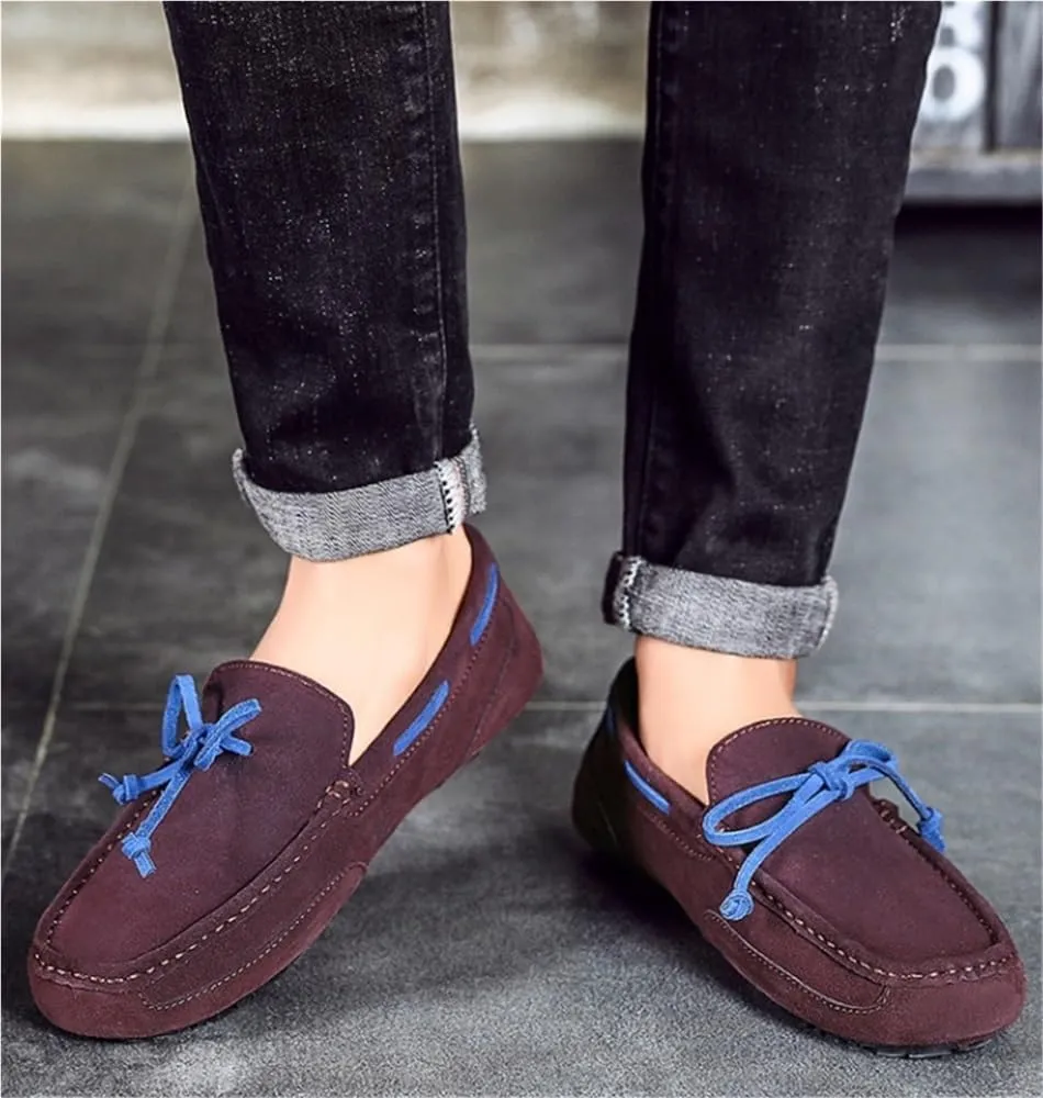 Mens Loafers Slip On Suede Round Toe Lightweight Flat Heel Wedding Driving Shoes Flexible Comfortable Deck with Stitching Details