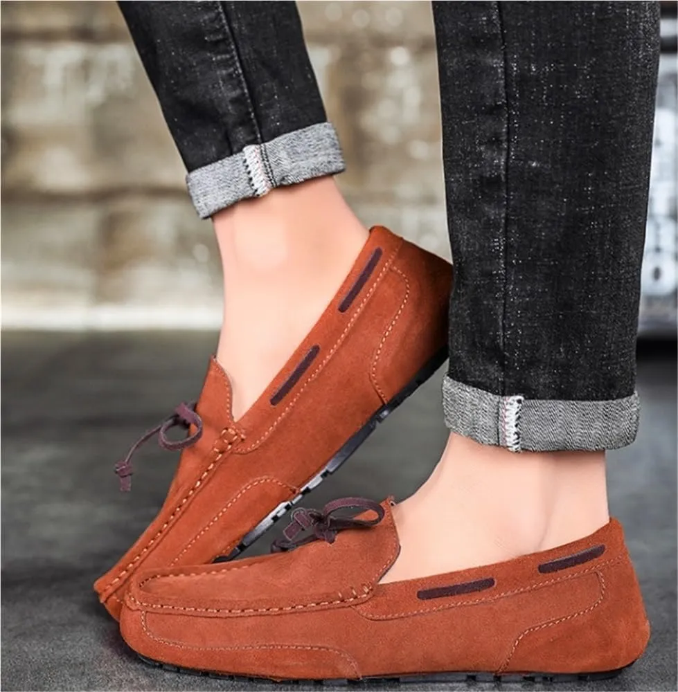 Mens Loafers Slip On Suede Round Toe Lightweight Flat Heel Wedding Driving Shoes Flexible Comfortable Deck with Stitching Details