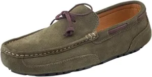 Mens Loafers Slip On Suede Round Toe Lightweight Flat Heel Wedding Driving Shoes Flexible Comfortable Deck with Stitching Details