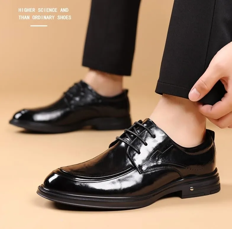 Men's Retro Pointed Chunky Heel Non-Slip Business Dress Shoes Genuine Leather Oxford Shoes