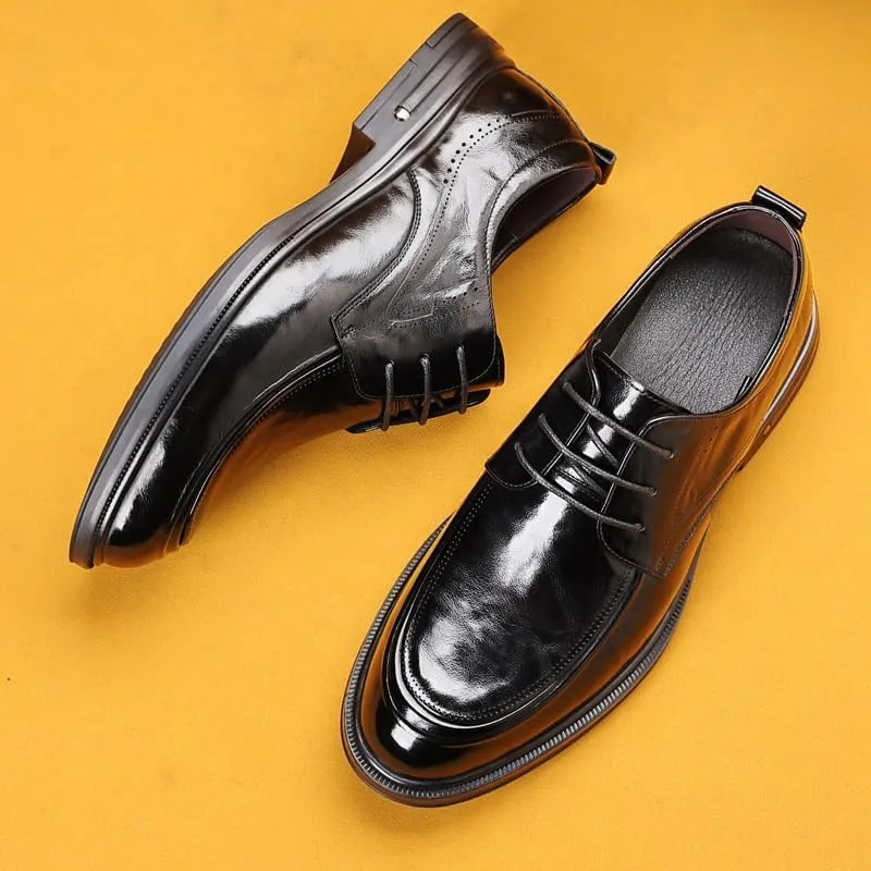 Men's Retro Pointed Chunky Heel Non-Slip Business Dress Shoes Genuine Leather Oxford Shoes