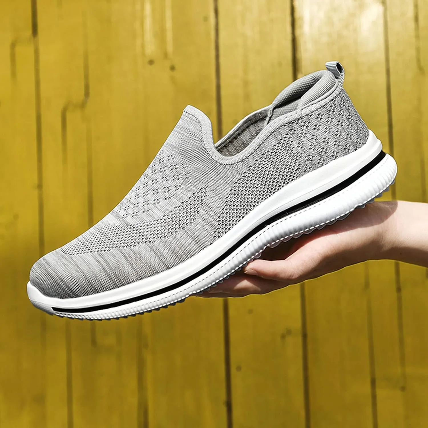 Mens Slip on Outdoor Shoes Comfy Arch Support Low Top Cushion Running Shoes Breathable Mesh Knit Sneakers for Men Non-Slip Soft Sole Hiking Shoe for Men Daily Work Wear
