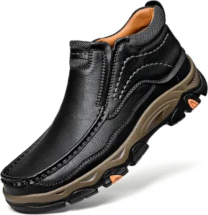 Men's Slip On Waterproof Loafers, Leather Hiking Shoes, Non-Slip Walking Boots, Casual Outdoor Sneakers, Lightweight Breathable Slippers, Easy Wear on/Off