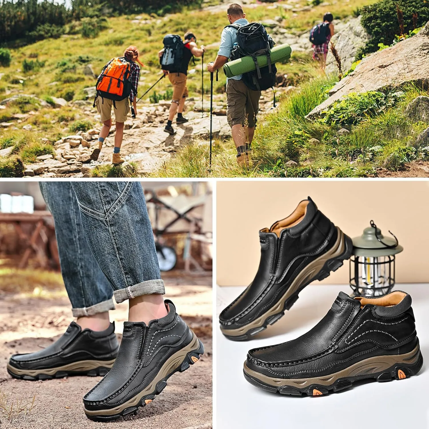 Men's Slip On Waterproof Loafers, Leather Hiking Shoes, Non-Slip Walking Boots, Casual Outdoor Sneakers, Lightweight Breathable Slippers, Easy Wear on/Off
