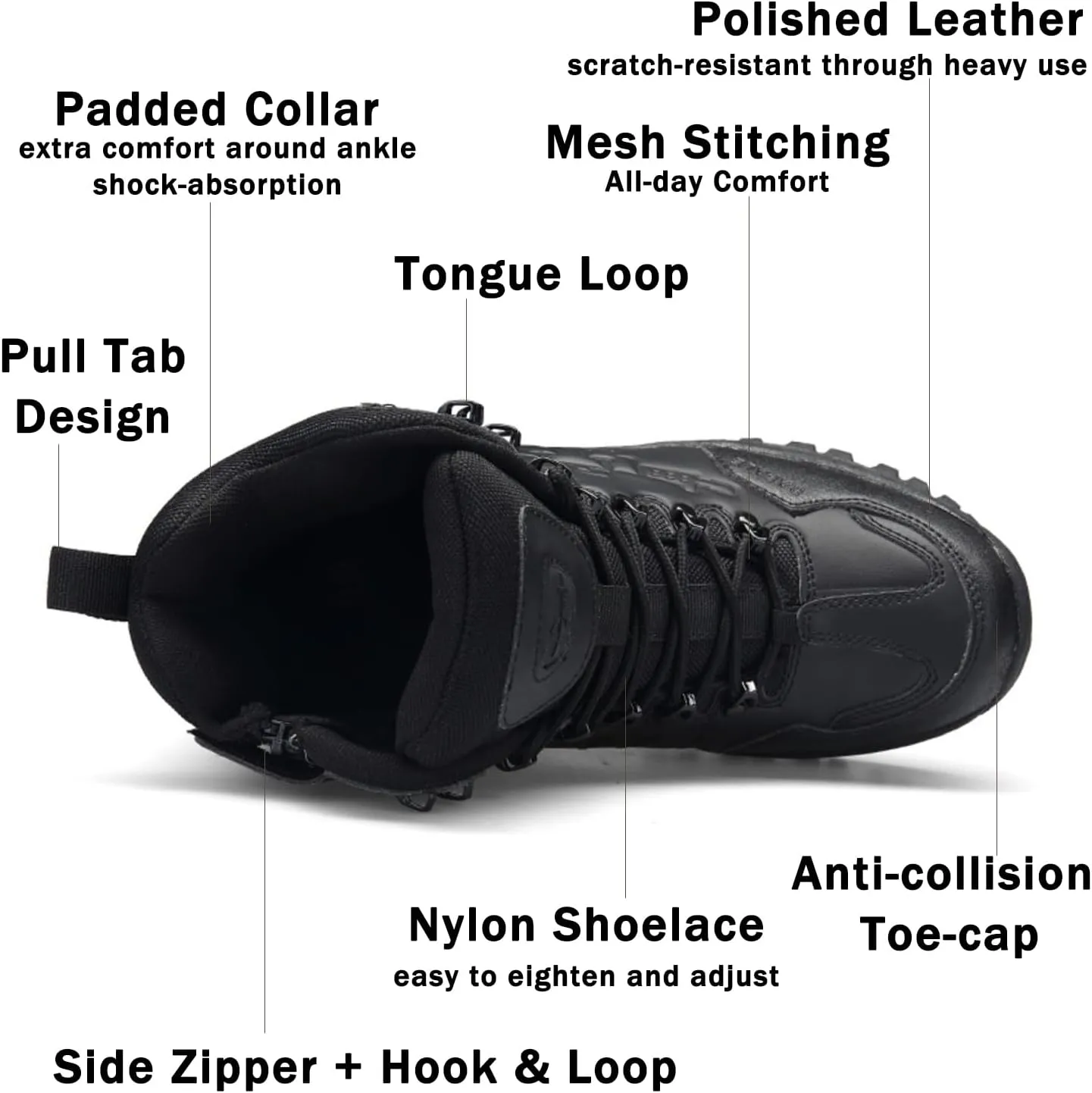 Men's Tactical Ankle Boots: Side Zipper Military Work Boots, Hook & Loop Closure