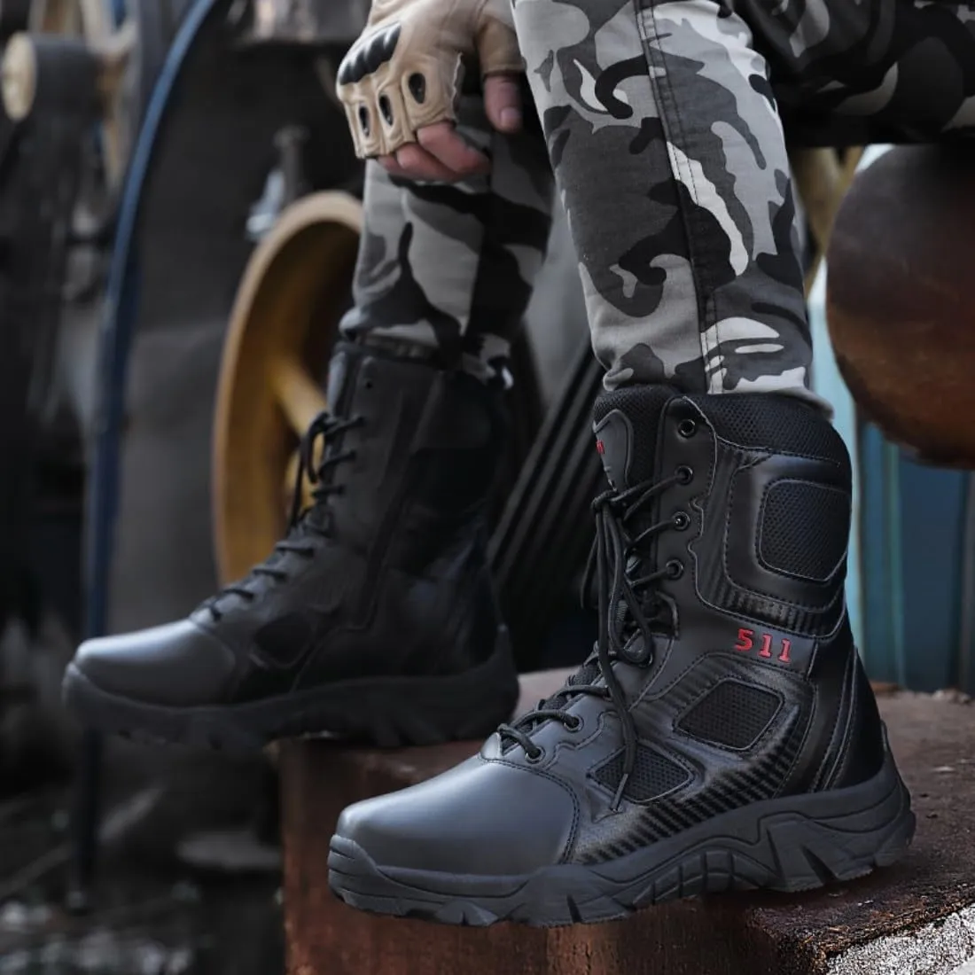 Men's Tactical Ankle Boots: Side Zipper Military Work Boots, Hook & Loop Closure