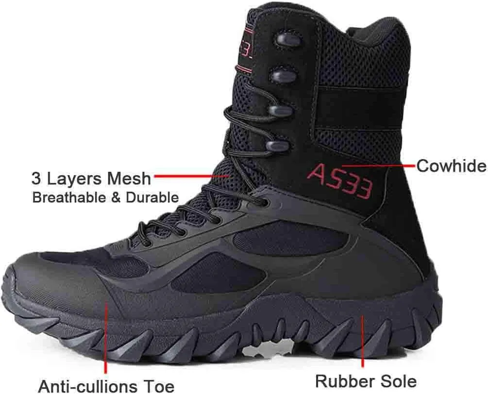 Men's Tactical Ankle Boots: Side Zipper Military Work Boots, Hook & Loop Closure