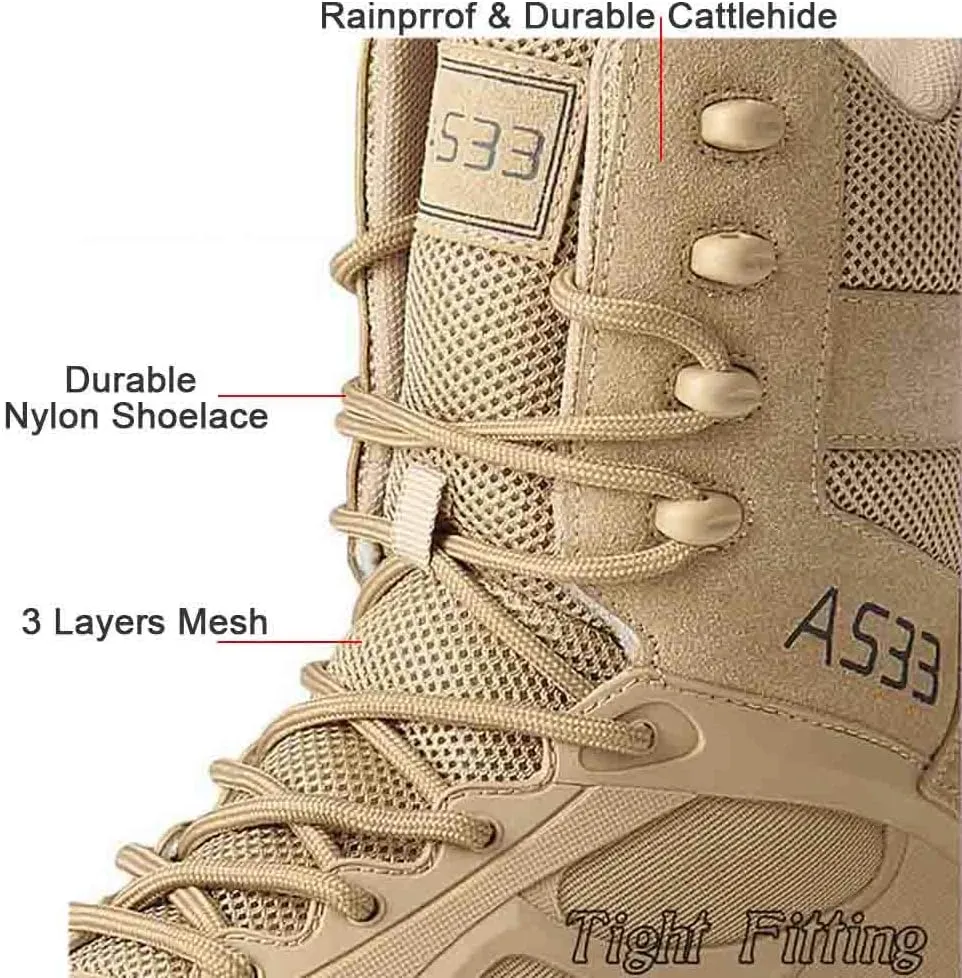 Men's Tactical Ankle Boots: Side Zipper Military Work Boots, Hook & Loop Closure