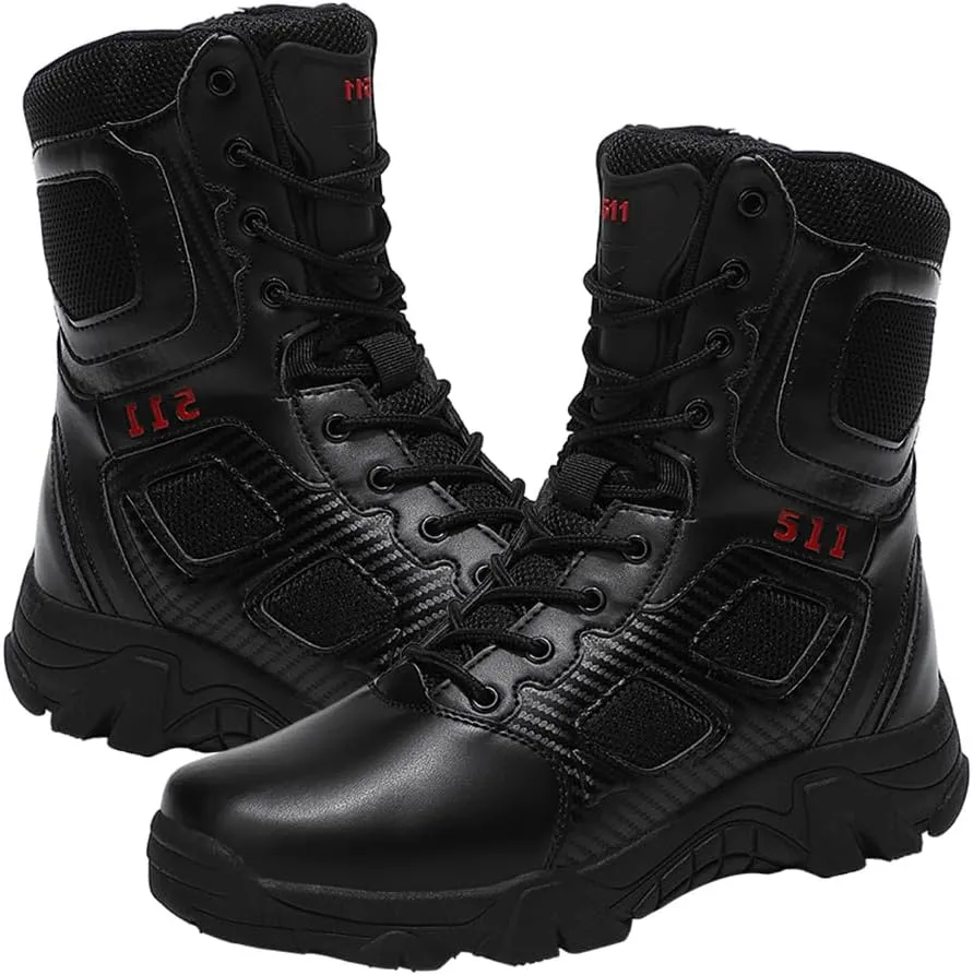 Men's Tactical Ankle Boots: Side Zipper Military Work Boots, Hook & Loop Closure
