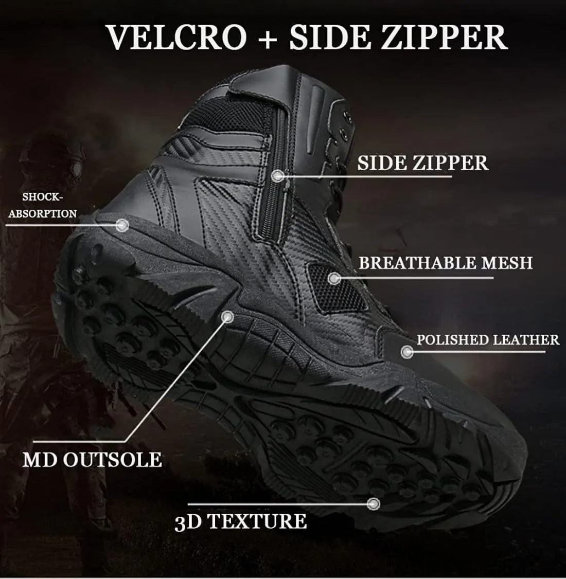 Men's Tactical Ankle Boots: Side Zipper Military Work Boots, Hook & Loop Closure
