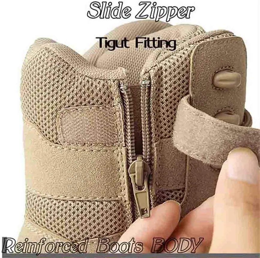 Men's Tactical Ankle Boots: Side Zipper Military Work Boots, Hook & Loop Closure